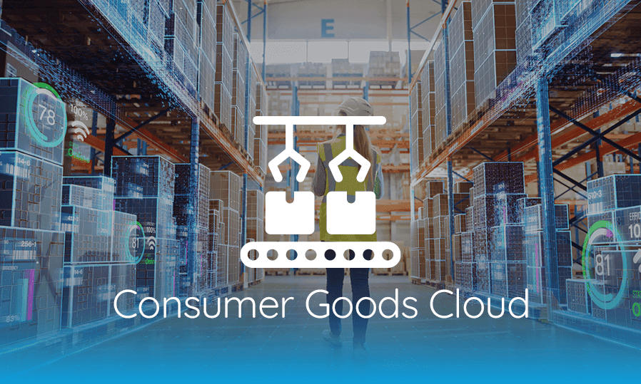 The words consumer goods cloud on a blue background.