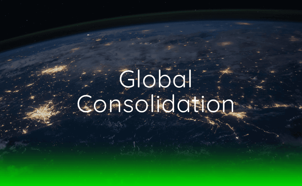 A green earth with the words global consolidation on it.
